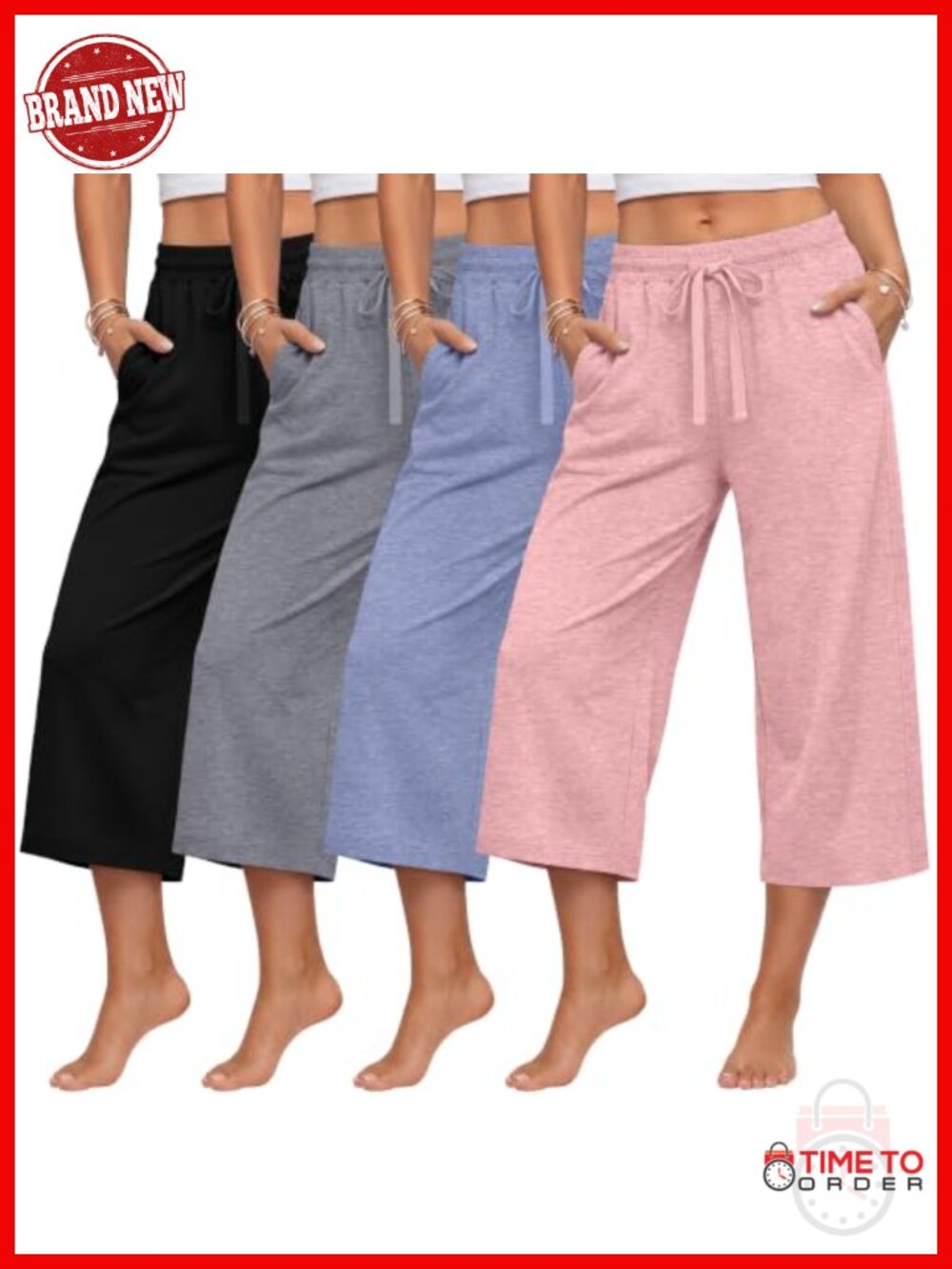 4pk Women's Wide Leg Capris Loose Fit Cropped Sweatpants Drawstring Lounge Yoga